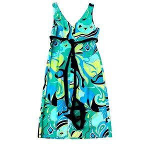KAREN KANE BLUE GREEN DRESS RETRO 70’s LOOK ZIP UP RIBBON WAIST FULLY LINED SZ 8